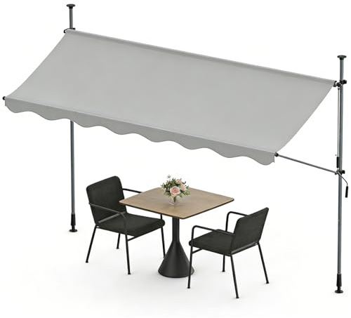 Ferzone Klemmmarkise ohne Bohren 350x120cm, Balkonmarkise mit Handkurbel, höhenverstellbar, Sonnenschutz, UV-beständig, Wasserdicht, Sonnenmarkise für Terrasse,Balkon,Garten (Hellgrau)
