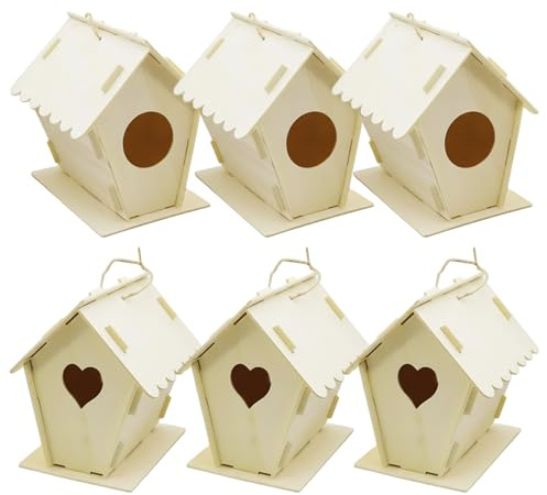6-teilige Vogelhaus-Sets für Kinder – unfertige Vogelhäuschen aus Holz zum Selbermachen zum Bemalen mit hängenden Seilen, kreativer Ausdruck und Familienspaß, Herz- und runde Formen