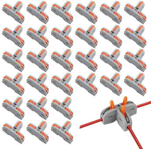 Lot de 30 bornes de raccordement enfichables en forme de T à 3 ports - Connecteur de câble compact étanche avec borne de conducteur - Connecteur de câble 3 broches pour fil de fil massif 28-12