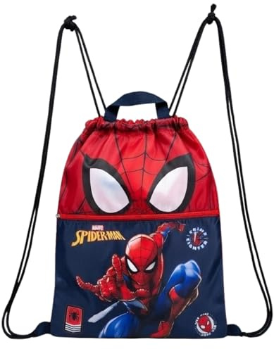 Spiderman Marvel Avengers Turnbeutel, Schwimmbeutel, Sporttasche, Gymsack, Rucksack, Schuhbeutel, Sportrucksack, verschiedene Designs inkl. extra Fach (Rot-Blau)