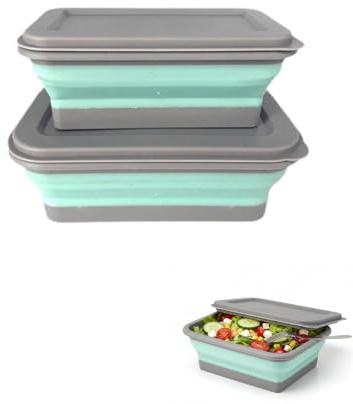 Luxorium Set de 2 Cuencos Plegables Silicona Cuadrados - Ahorro Espacio, Herméticos y Apto Microondas, Ideales para Camping, Senderismo, Viajes y Almacenamiento portátil