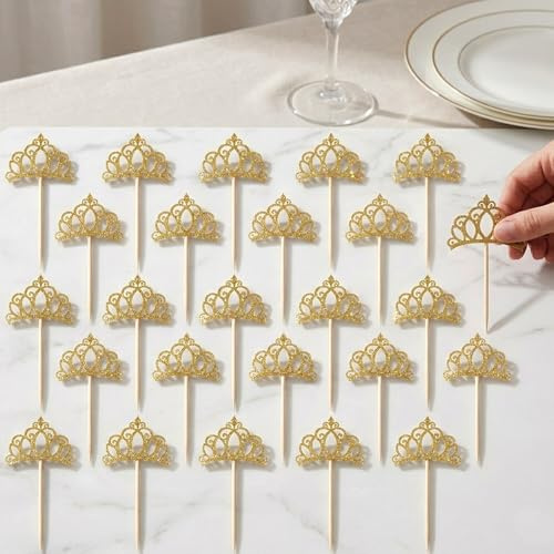 24PCS Gold Crown Cupcake Toppers, Pre-Assembled Glitter Cake Decorations for Adult Birthday Party, Princess Theme Celebration Supplies