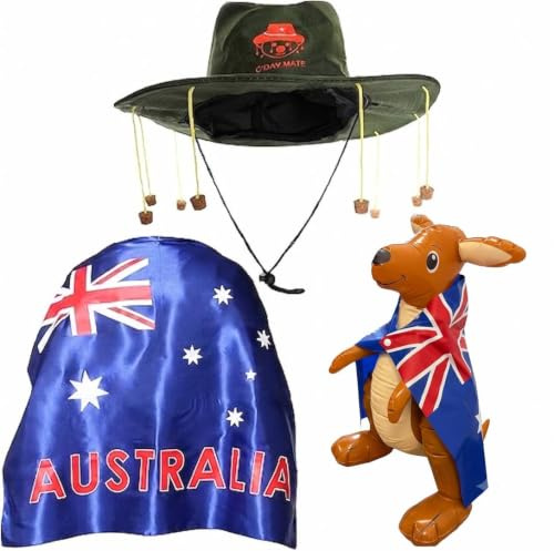 Australian Cork Hat, Kangaroo Inflatable & Aussie Flag Cape Fancy Dress Set