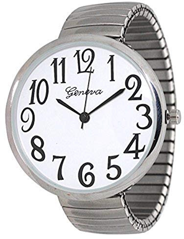 Geneva Super Large Stretch Watch Clear Number Easy Read (Silver), Silver, S, Large Face Watch