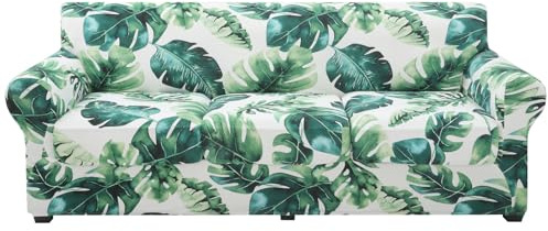 hyha Couch Cover, Floral Pattern, Stretch, Printed, 4 Pieces, Sofa Slipcovers, for 3 Separate Cushion Couch, Washable Furniture Protector for Dogs(Sofa, Monstera Deliciosa)