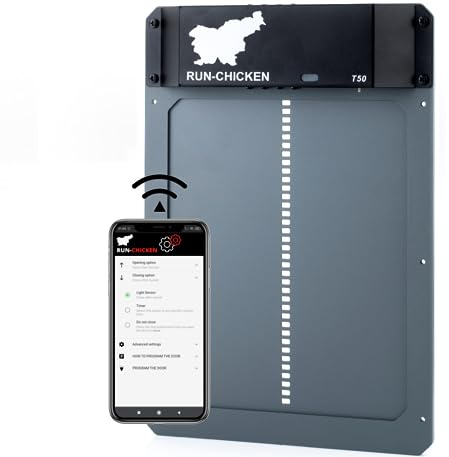 RUN-CHICKEN T50 Automatische Hühnerklappe, Grau – Aluminium, batteriebetrieben (2X AA), App-Steuerung, Lichtsensor & Timer mit Verzögerung, wetterfest – Hühnertür für Hühnerstall & Auslauf