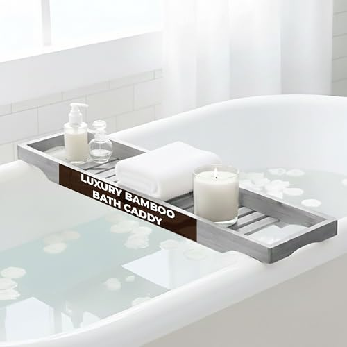 LKH Wooden Bath Tray Caddy - Natural Bamboo Bath Tray for Across the Bath - Strong Water-Resistant & Durable Bathtub Tray for Bathroom Accessories, Candles, Glass, & Book