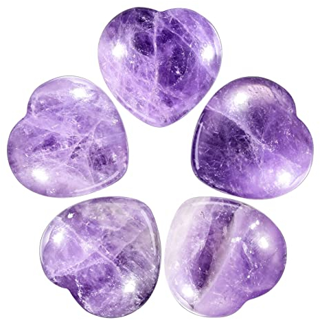 Nupuyai Amethyst-Kristallherz, Handschmeichler, Handschmeichler für Chakra, Reiki, Heilung, geschnitzter Stein für Heimdekoration, 2,5 cm, 5 Stück