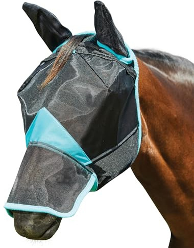 Weatherbeeta - Flugmask för hästar med öron och näsa COMFITEC Deluxe, Svart/ljus turkos, Poney