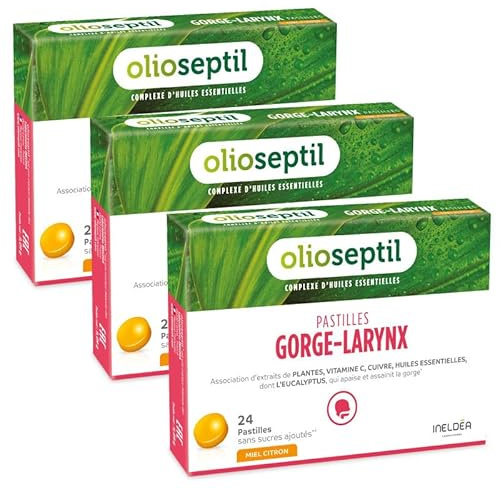OLIOSEPTIL - Pastilles à Sucer Gorge-Larynx - Apaise et Assainit la Gorge - Sans Sucres Ajoutés - Extraits de Plantes, Vitamine C, Cuivre et Huiles Essentielles - Gout Miel Citron - Lot de 3