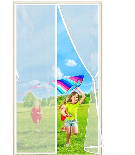 Mosquito Double Door Magnetic Fly Screen, 150x210 cm Fly Screens Doors Nets Patio Curtain Magnetic for Balcony Cellar Patio Kitchen Porch Door, White P