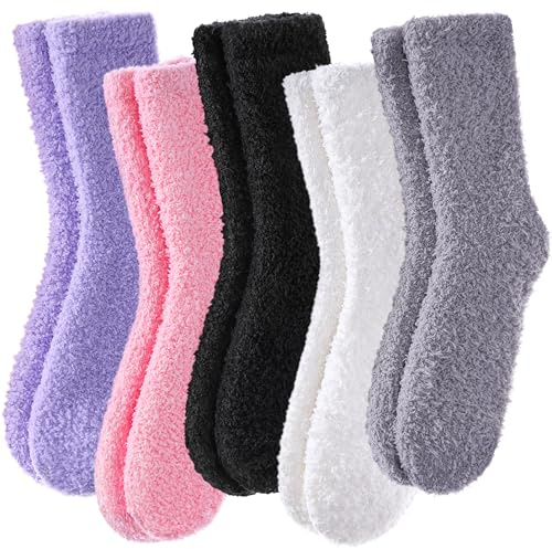 POEATEZO Womens Fuzzy Socks Cozy Fluffy Winter Cabin Slipper Warm Soft Microfiber Plush Home Sleeping Socks (5 Pairs Mixed color B)