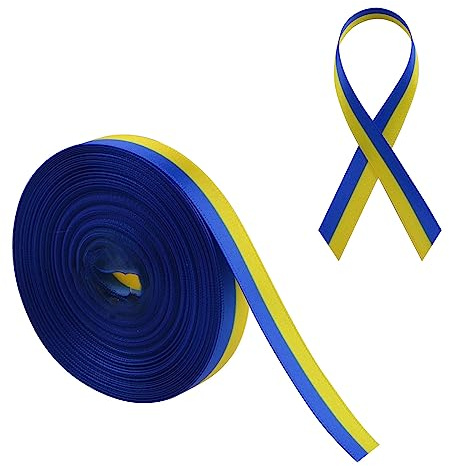 WANDIC Downs syndrom medvetenhet satinband, 20 yd gult och blått band World Down syndrom dagband för presentförpackning, broschtillverkning