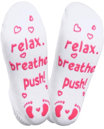 ORUZA Calcetines de entrega, Calcetines antideslizantes de maternidad de parto, Regalos de anuncio de embarazo Calcetines de Nueva Mamá Relajarse Respirar Push Calcetines, Rosa Relax Breathe Push,