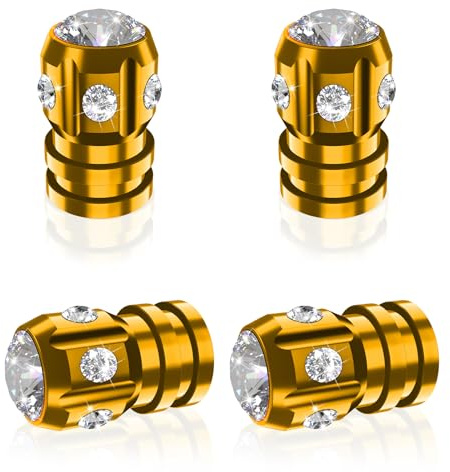 QUARKACE Bling Reifenkappen, korrosionsbeständige Reifenstaubkappen mit glitzernden Strasssteinen, luftauslaufsichere Ventilkappen, Reifenkappen 4 Stück für Autos, LKWs, Motorräder, Fahrräder – Gold