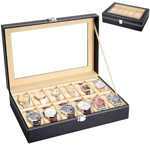 RKINC Watch Box 12 Slots, Watch Case with Glass Lid, Watch Display Storage Box for Men and Women, Removable Watch Pillows, Metal Clasp, Black Synthetic Leather, Velvet Lining, Gift Idea