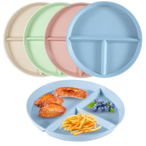 Yzpklhw 4pcs Divided Dinner Plates, Portion Control, Unbreakable, Microwave Safe, Blue, Beige, Green, Pink