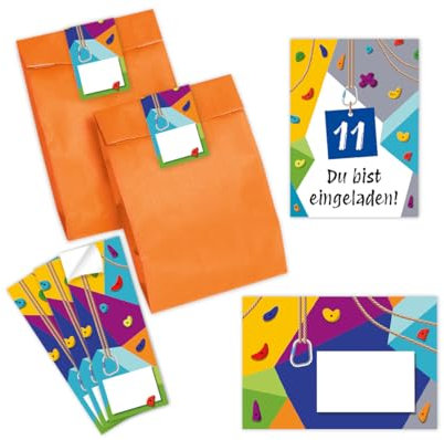 Minkocards 10 Einladungskarten zum 11. Kindergeburtstag Klettern Bouldern Mädchen Jungen Einladungen elfte Geburtstag incl. 10 Umschläge, 10 Partytüten/orange, 10 Aufkleber