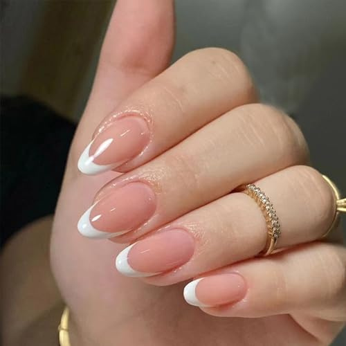 24 Piezas Uñas Postizas Cortas Almendra, Puntas Blanco Francesas Uñas Falsas Rosa Bailarina Adhesivas Uñas, 12 Tamaños Acrílico Natural Cubierta Completa Press on Nails para Mujeres y Niñas