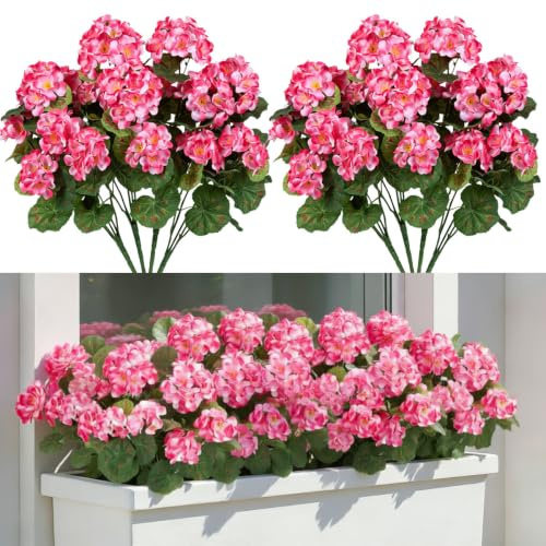 Laelfe 4 Bündel Künstliche Geranien Rosa für Draußen | UV-beständige Seidenblumen Kunstblume Geranie für Innen und Außenbereich, Zuhause, Hochzeit, Garten, Balkon, Tischdekoration