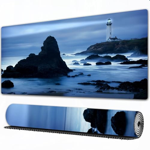 EOMKSE Mauspad Verlängertes großes Mauspad Schreibtischauflage,genähte Kanten Mauspad,Gummibasis,Leuchtturm an der kalifornischen Küste mit Lichtstrahl,Gaming-Mauspad,30x80 cm
