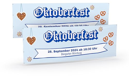 Bayern Banner (150x50 cm) I Personalisierte Bayrische Deko mit individuellen Veranstaltungsdaten I Bayern Deko I Lebkuchenherz, Brezeln