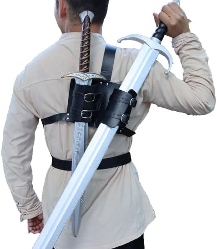 FHUILIJH Mittelalterliches Schwert Frosch Schwert Halter Rücken Schwert Holster Kunstleder Doppelschwert Riemen,Schwarz,29cm