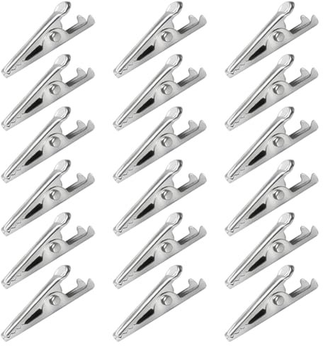 FSSTUD 100 pinzas de cocodrilo de metal de 3,5 cm, pinzas pequeñas de resorte, clips de manualidades pequeños, pinzas de prueba eléctricas con agujeros para soldar