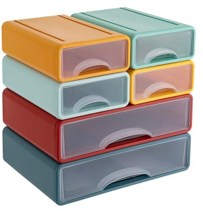 Schreibtisch Organizer 6 Fächer Geschlossenen Schubladen Stapelbar Plastik Büro Schubladenbox mit Griffe, Bürobedarf Tisch Organizer für Zuhause Büro, 34 x 25 x 33 cm (Bunt)