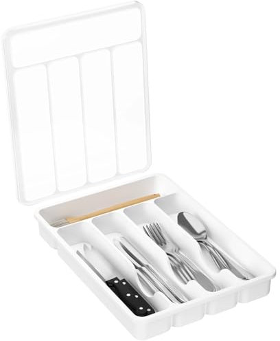 Lifewit Besteckkasten für Schubladen mit Deckel, 23,5 x 32,3 cm Küchenutensilien Besteckeinsatz, 5 Fächer Kunststoff Schmale Schubladen Organizer Küche Besteckkorb für Backen/Messer/Gabel, Weiß