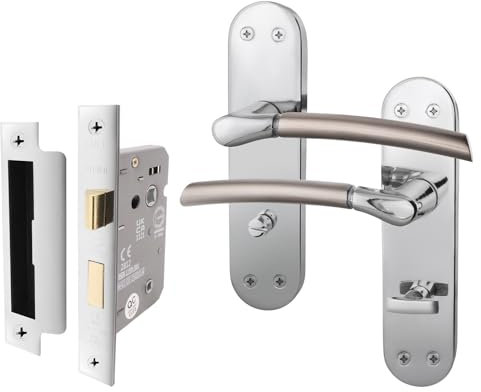 EAI Bathroom Door Handle Set - Duo Finish | 1 Pair Satin Nickel and Polished Chrome Lever Handles on Backplate with Lock (64mm)