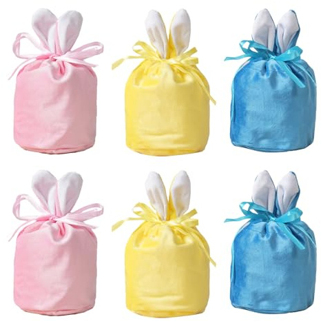 RmKbe 6 x Osterhasen-Tüten, Osterdekorationen, Kekse, Snacks, Wickeltaschen, Hasenohren, Kordelzug, Geschenkbeutel, Geschenkverpackungen für Ostern