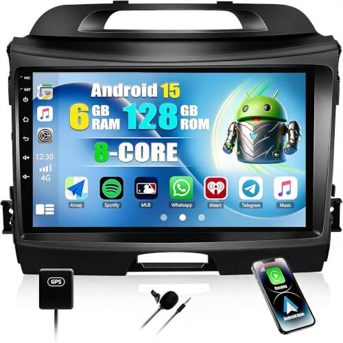 CAMECHO Android Autoradio für Kia Sportage 3 SL 2010-2016 | Kabellos CarPlay, Android 15 6+128GB, 9 IPS, DSP, GPS RDS, Lenkradbedienung, Split Screen