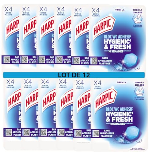 Harpic Hygienic & Fresh - Lot de 12 x 4 Blocs WC adhésif sans cage - Brise marine
