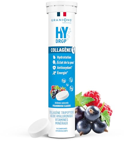 GRANIONS HYDROP - Pastilles Hydratation - Framboise/Cassis - SANS SUCRES - Enrichi en Collagène - Fabriqué en France - Electrolytes Hydratation - Vitamines, Minéraux - 18 Pastilles Effervescentes