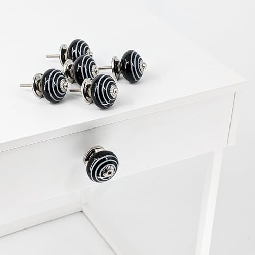 Knober 6er SET | 6 Stück Keramik Möbelknöpfe für Schrank und Schublade | Schwarz Silber SET