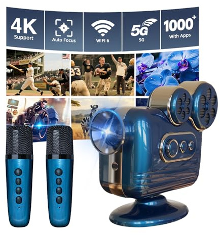 BESUS Aplicaciones integradas: proyector inteligente 4K Full HD 5G, WiFi, Bluetooth, proyector retro C300 2025 con altavoz estéreo de karaoke, equipado con 2 micrófonos, compatible con PC/TV Sticks