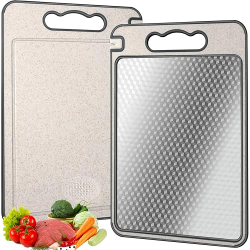 Double Sided 304 Stainless Steel & Wheat Straw Cutting Board, 14.4*9.8 Non Toxic Chopping Board, Separately Handle Meat and Vegetables, Dishwasher Safe, Scratch Resistant Mesh Design