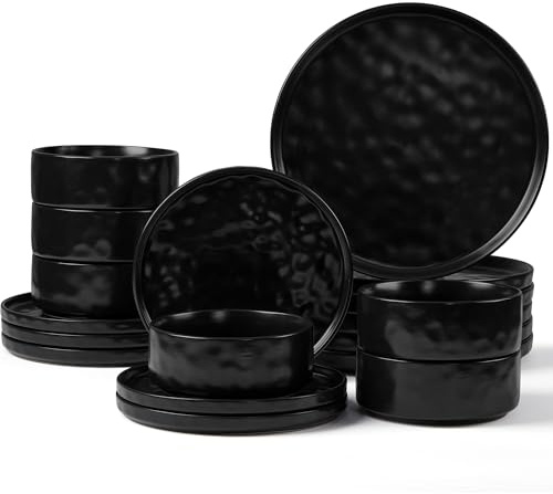 Herogo 18 Pcs Stoneware Dinnerware Dinner Set for 6 People, Matte Black | Plates and Bowls for Home Dining, Microwave and Dishwasher Safe, Chip and Scratch Resistant, Ripple Surface