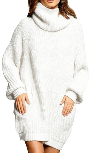Saodimallsu Damen Strickkleid Oversized Rollkragen Pulloverkleid Langarm Einfarbig Elegant Minikleid Weihnachtskleid Laternenärmeln Weihnachten Winterkleid Weiß M