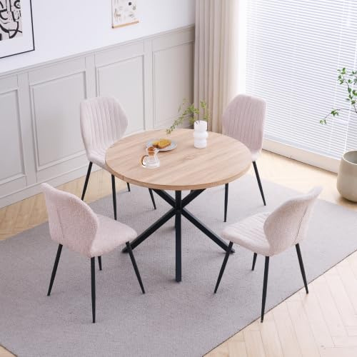 GrandCA HOME Esstisch und Stuhlset, 100 cm Runder Esstisch und 4 Moderne Leinenstühle, für Esszimmer, Küche, Wohnzimmer, Helle + Khaki