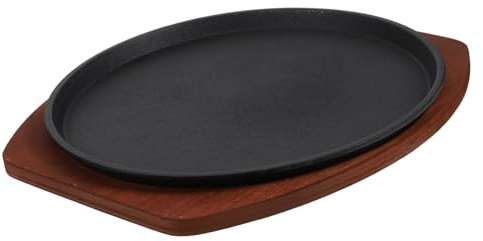 iplusmile Placa De Hierro Fundido Antiadherente Para Barbacoa Con Base De Madera Sartén Redonda Para Asar Carne Duradera y Fácil De Limpiar Uso Hogar y Restaurantes