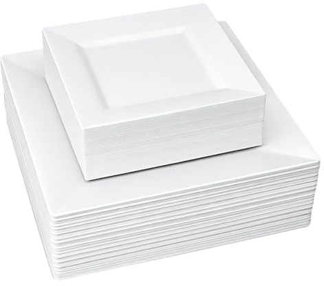 PQHIQ Set of 100 Premium Square Plastic Plates - Large 24cm Dinner & 17cm Dessert Plates - Elegant White Reusable Serving Plates for Wedding Buffets, Garden Parties, Picnics & Catering