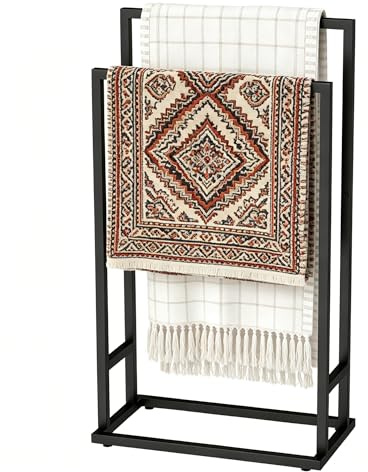 Towel Rack Stand with 2 Rails, Free standing Towel Rail, Towel Drying Rack and 2 Tier Bathroom Towel Holder Ladder for Bathroom Laundry Room Bedroom Pool,black