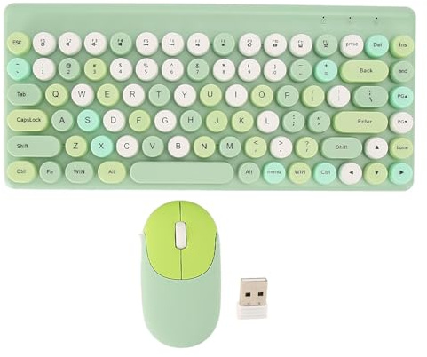 Wireless Keyboard and Mouse Retro Colorful Round Keycap 86 Keys Keyboard with 2.4G Wireless Mouse for PC Laptop Computer Office Home ABS Material Compact Design (Green)