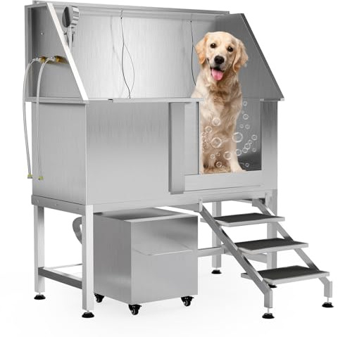 Garvee 50 Stainless Steel Heavy Duty Dog Washing Station - Anti-Slip Pet Bathing Tub with Non-Slip Stairs, Storage Shelf, Professional Grooming Tub for Large/Medium/Small Dogs