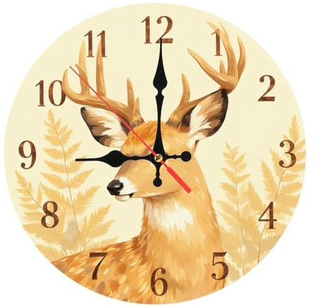 Deer Portrait with Golden Ferns Wooden Wall Clock 25cm×25cm