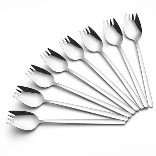 Sporks - Juego de 8 tenedores de acero inoxidable 18/10 para ensalada de 19 cm, postre de fruta, tenedores de pasta de arroz frito, cuchara y tenedor multifunción para camping en casa o de viaje