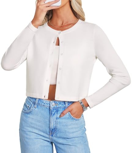 GRACE KARIN Women's Crop Cardigans Crew Neck Long Sleeve Ladies Cardigan | lightweight, crop, long sleeve, short, cozy, casual, jumper, knit, solid, crew neck