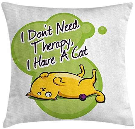 Ambesonne Animal Throw Pillow Cushion Cover, Funny Cat I Dont Need Therapy I Need a Cat Words Humorous Illustration, Decorative Square Accent Pillow Case, 20 X 20, Purple Yellow
